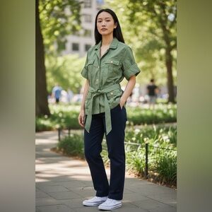Ann Mashburn Short-Sleeve Utility Blouse with Waist Tie in Olive Green, Size S